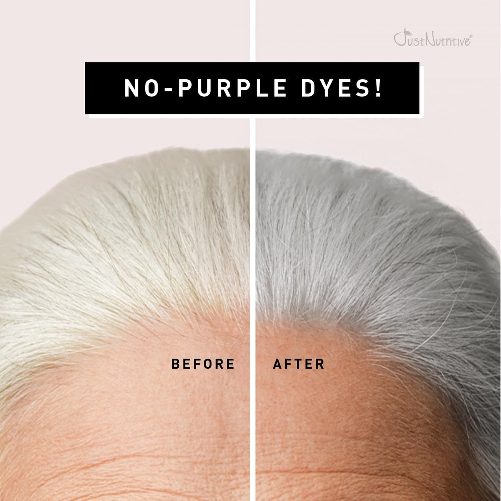 Just Nutritive gray hair shampoo brassy-neutralization close-up demonstrates tone correction for cooler hues.