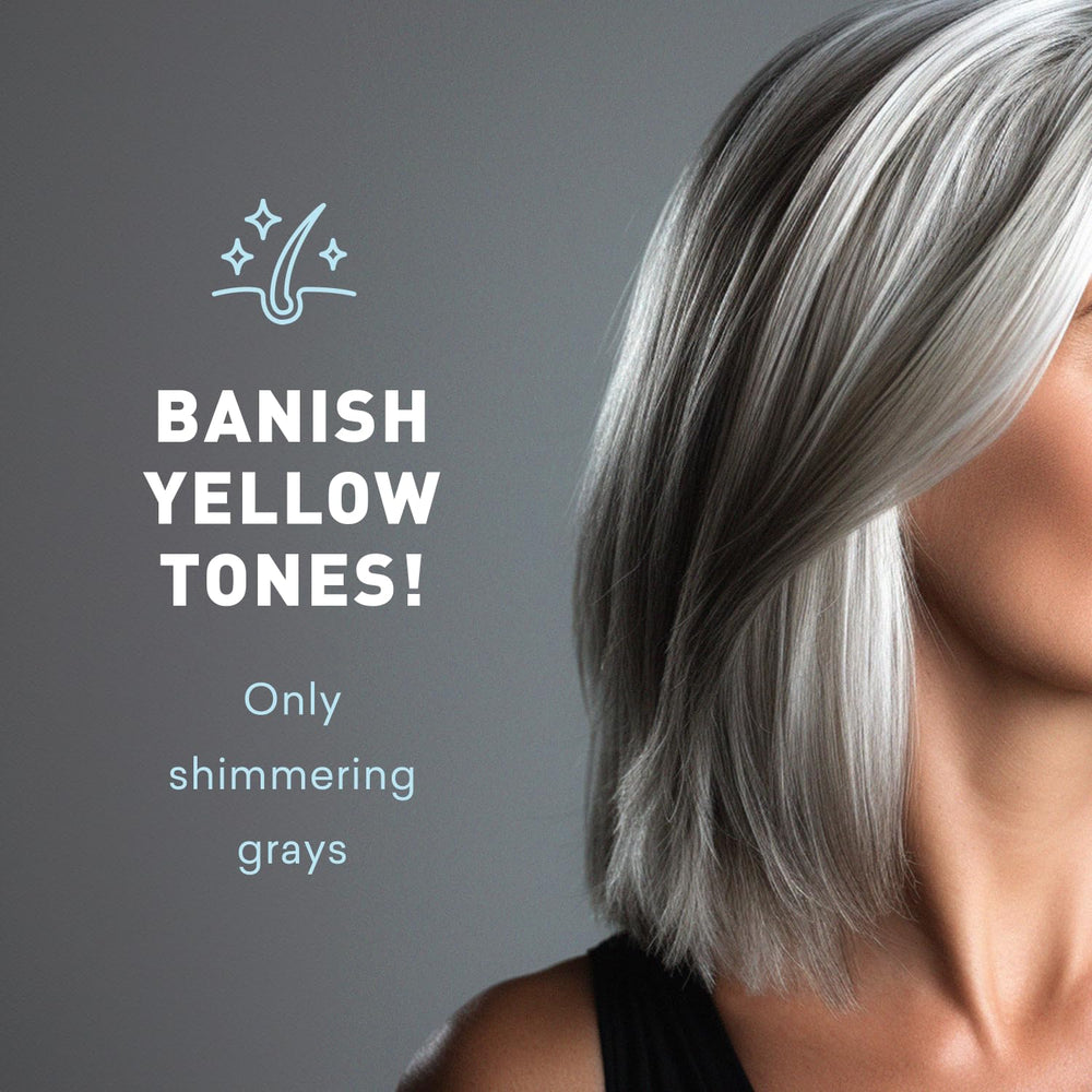 Just Nutritive gray hair shampoo color-safe formula text on bottle supports safe cleansing without sulfates.