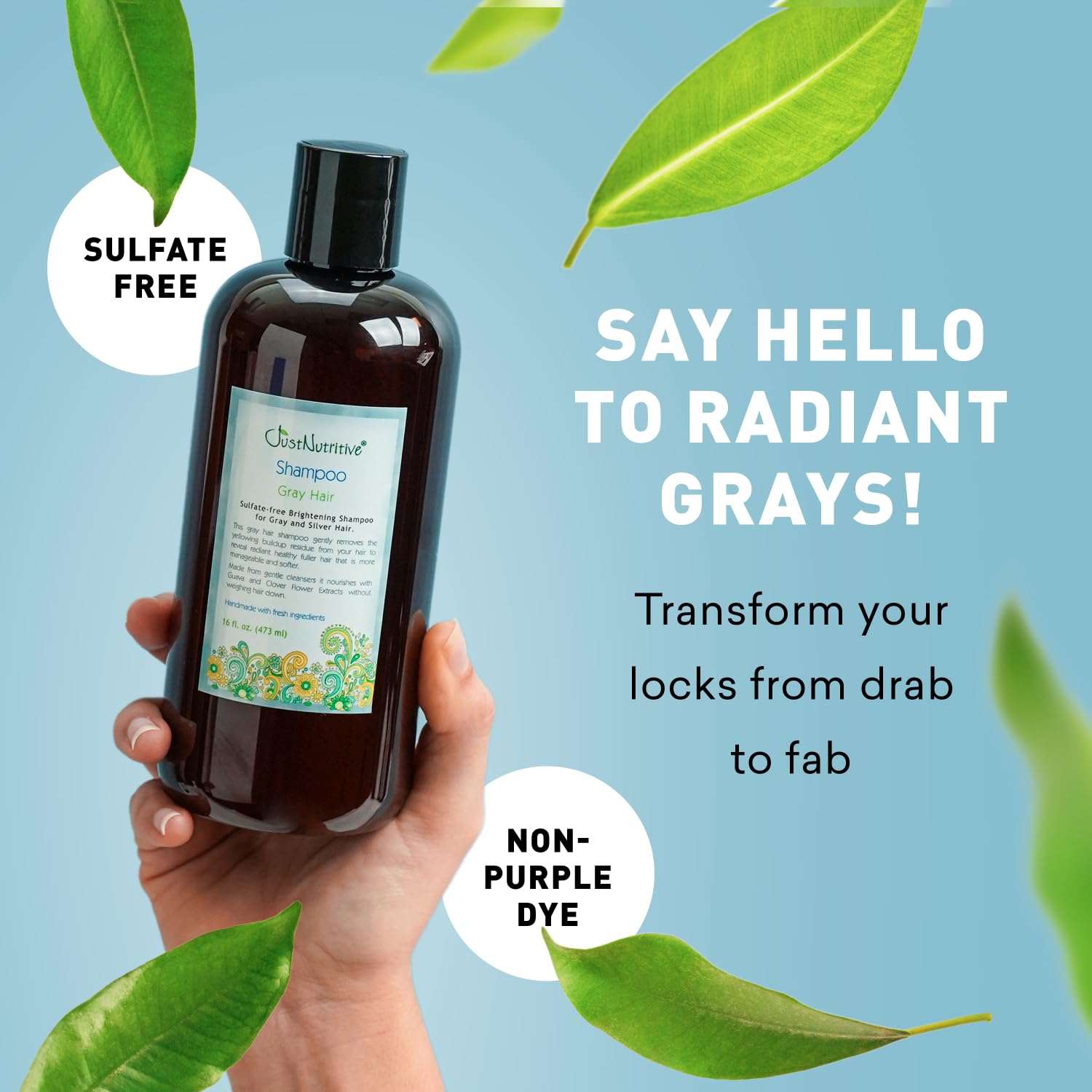 Just Nutritive gray hair shampoo ingredients clover flower and guava extract on label for nourished, more manageable hair.