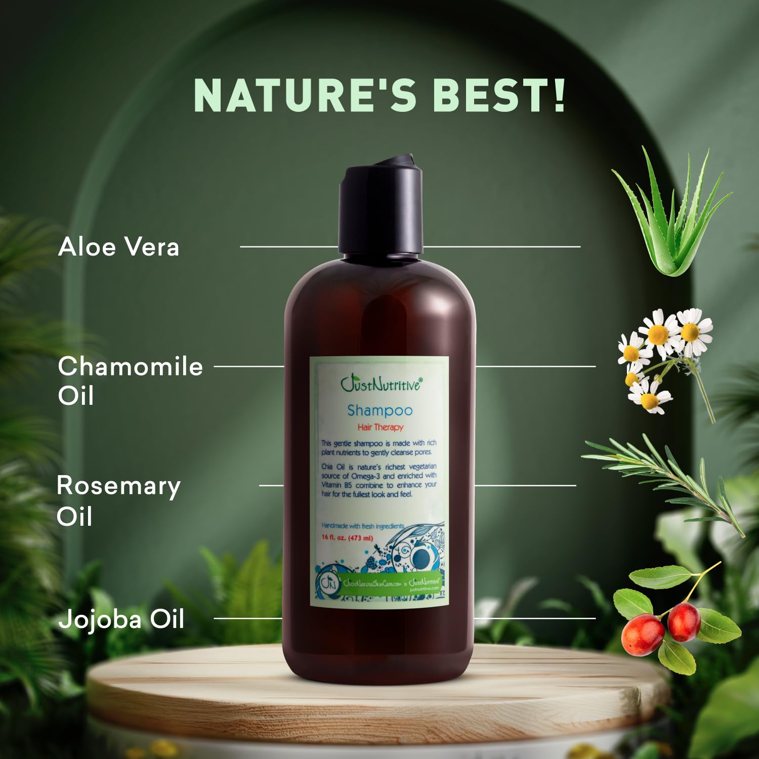Just Nutritive Hair Loss Shampoo ingredients closeup signals DHT-supporting botanicals for resilience.