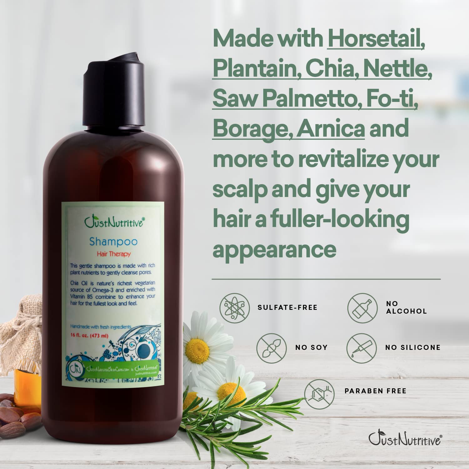Just Nutritive Hair Loss Shampoo foamy-lather demonstrates rich cleansing without harsh residues.