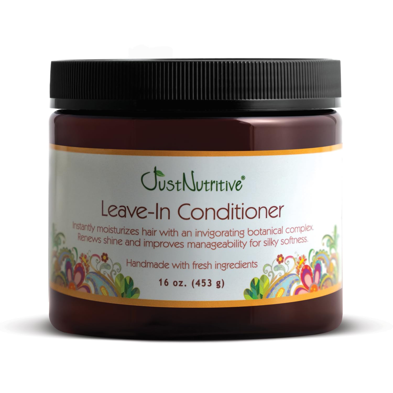 Just Nutritive Leave-In Conditioner bottle closeup showcasing creamy hydration