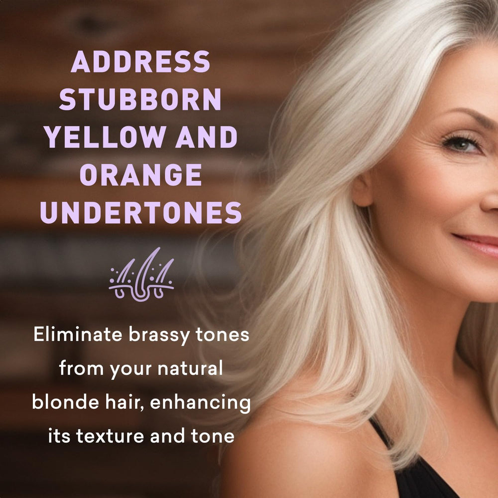 Just Nutritive Purple Shampoo scene shows enhanced blonde vibrancy with cool tones.