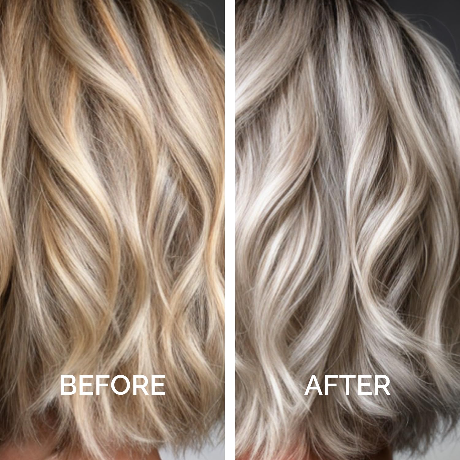 Just Nutritive Purple Shampoo on gray hair demonstrates color-neutralizing cooling effect.