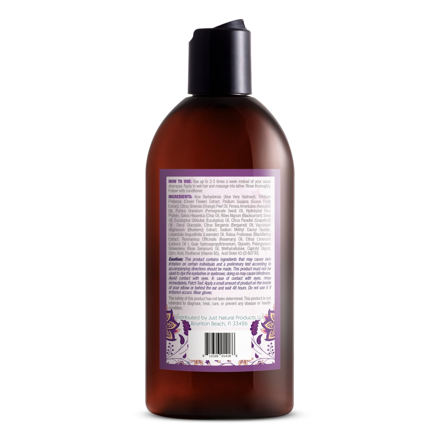 Just Nutritive Purple Shampoo pour-action illustrates brassiness neutralization on hair.