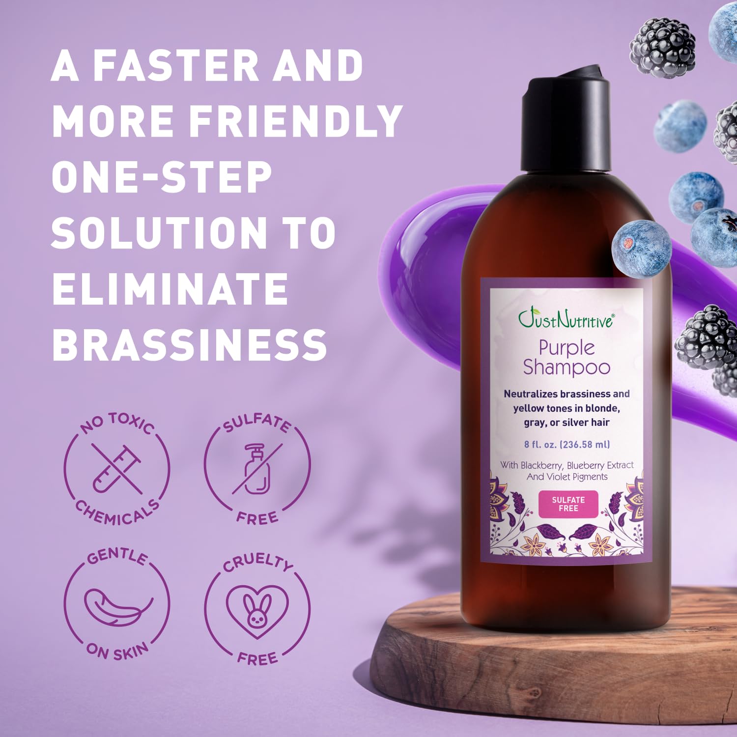 Just Nutritive Purple Shampoo close-up with violet pigments for brassy tone control.