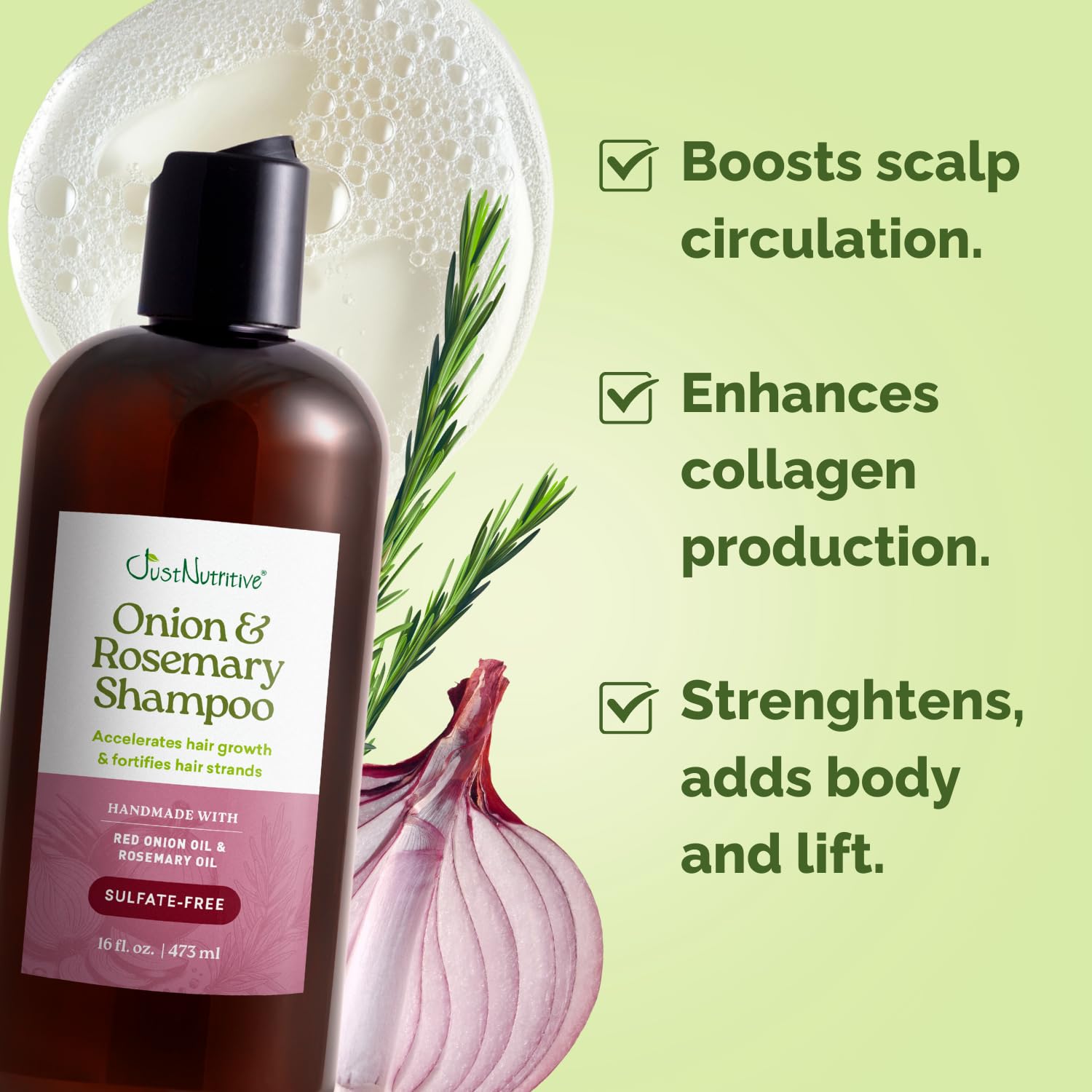 Just Nutritive red onion oil droplets nourishing follicles for stronger hair.