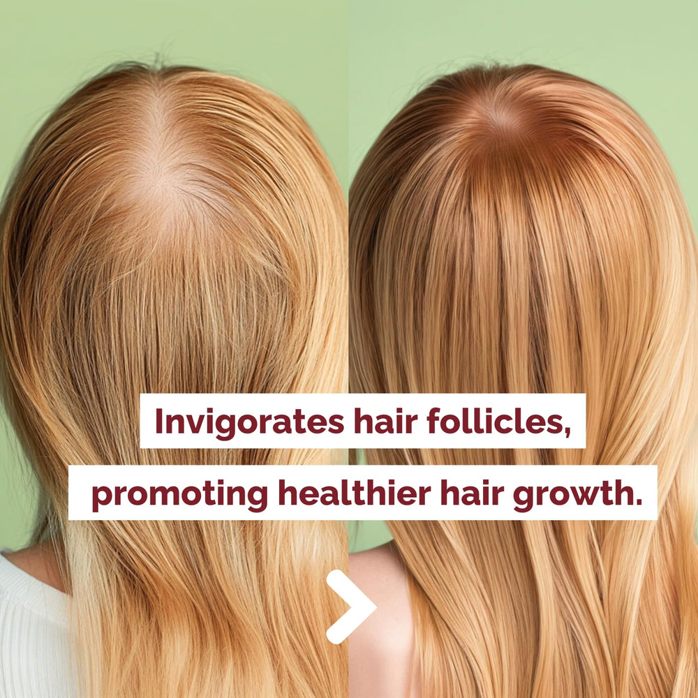 Just Nutritive rosemary oil droplets signaling improved scalp circulation and healthy growth potential.