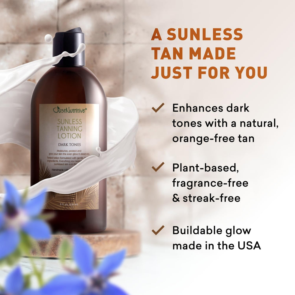 Just Nutritive Sunless Tanning Lotion Dark Tones applied with gloves for precise color.