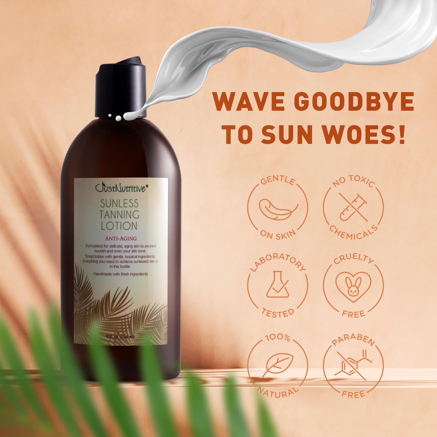 Just Nutritive sunless tanning lotion drying in 10–15 minutes