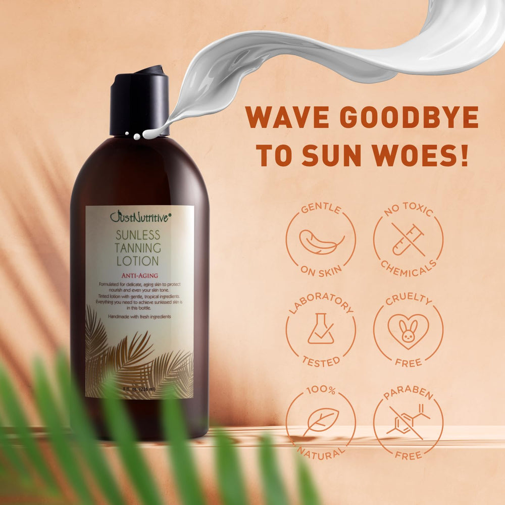 Just Nutritive sunless tanning lotion drying in 10–15 minutes