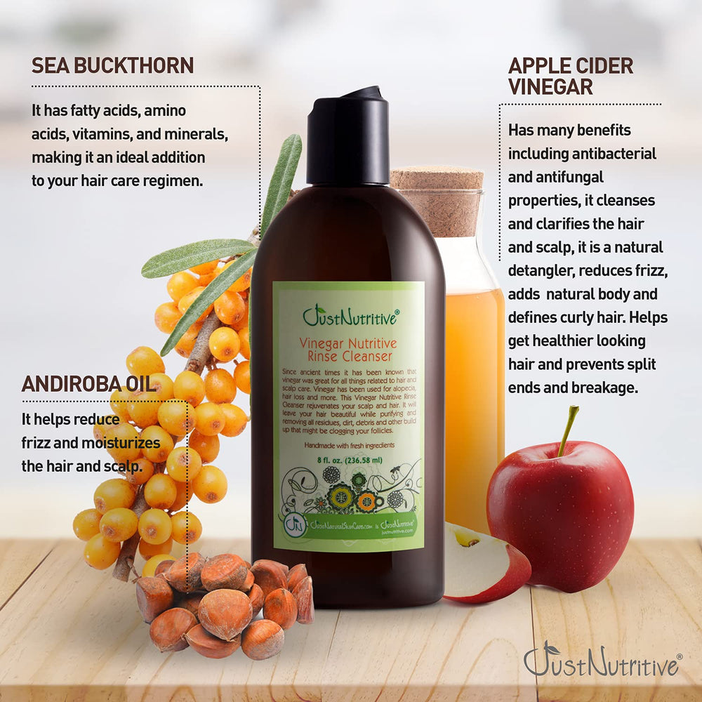 Just Nutritive Vinegar Nutritive Rinse bottle with oils signals nourishment from Apple Cider Vinegar