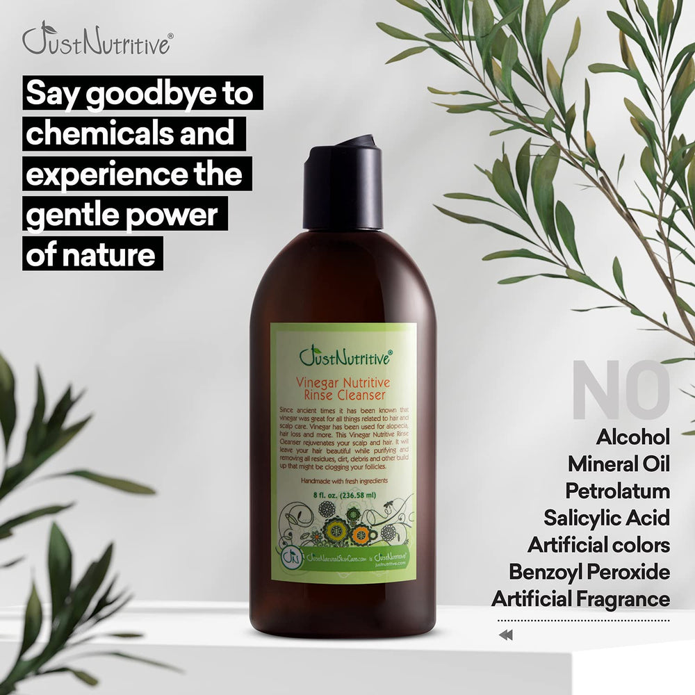 Just Nutritive Vinegar Nutritive Rinse scalp splash illustrates cleansing to unclog pores