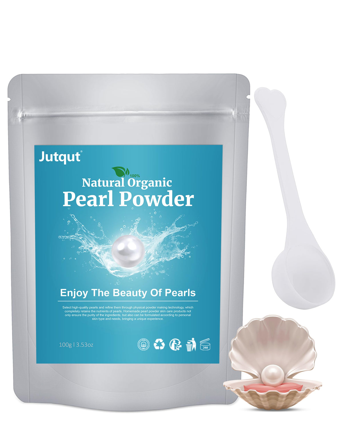 Jutqut Freshwater Pearl Powder jar shows natural gloss for radiant skin.