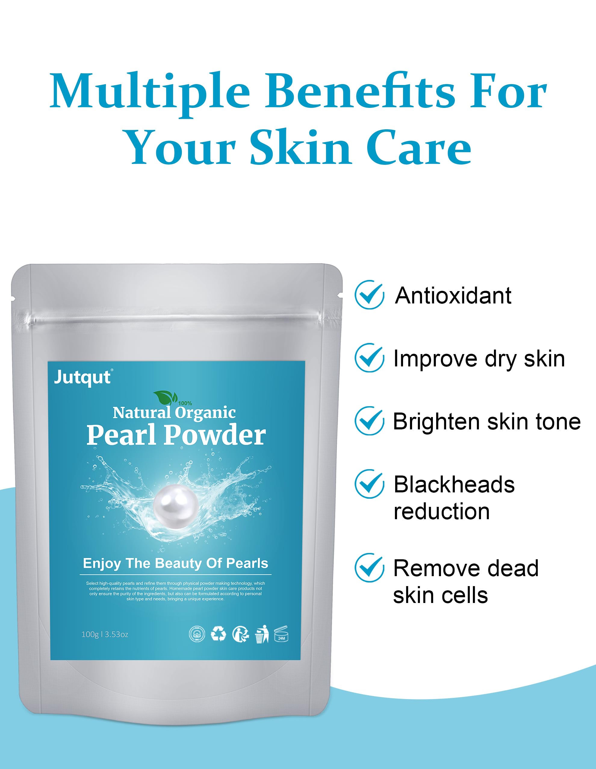 Jutqut Pearl Powder texture close-up highlights cosmetic-grade grains for gentle exfoliation.