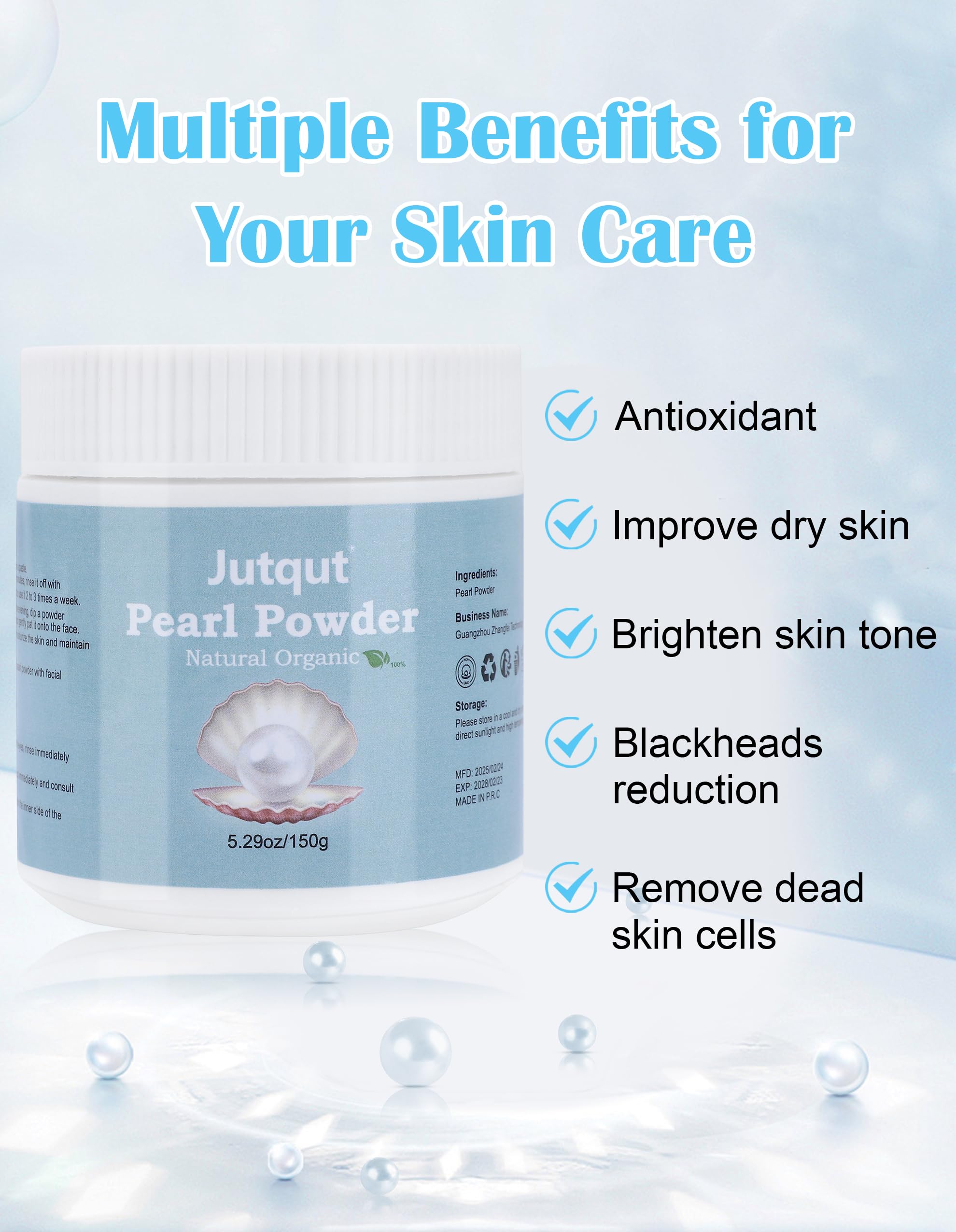Jutqut freshwater pearl powder texture macro; silky powder for gentle exfoliation