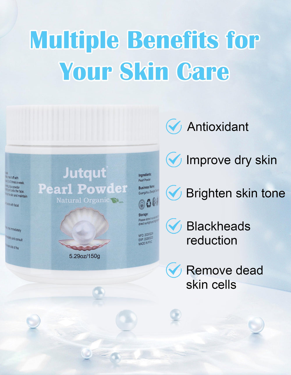 Jutqut freshwater pearl powder texture macro; silky powder for gentle exfoliation
