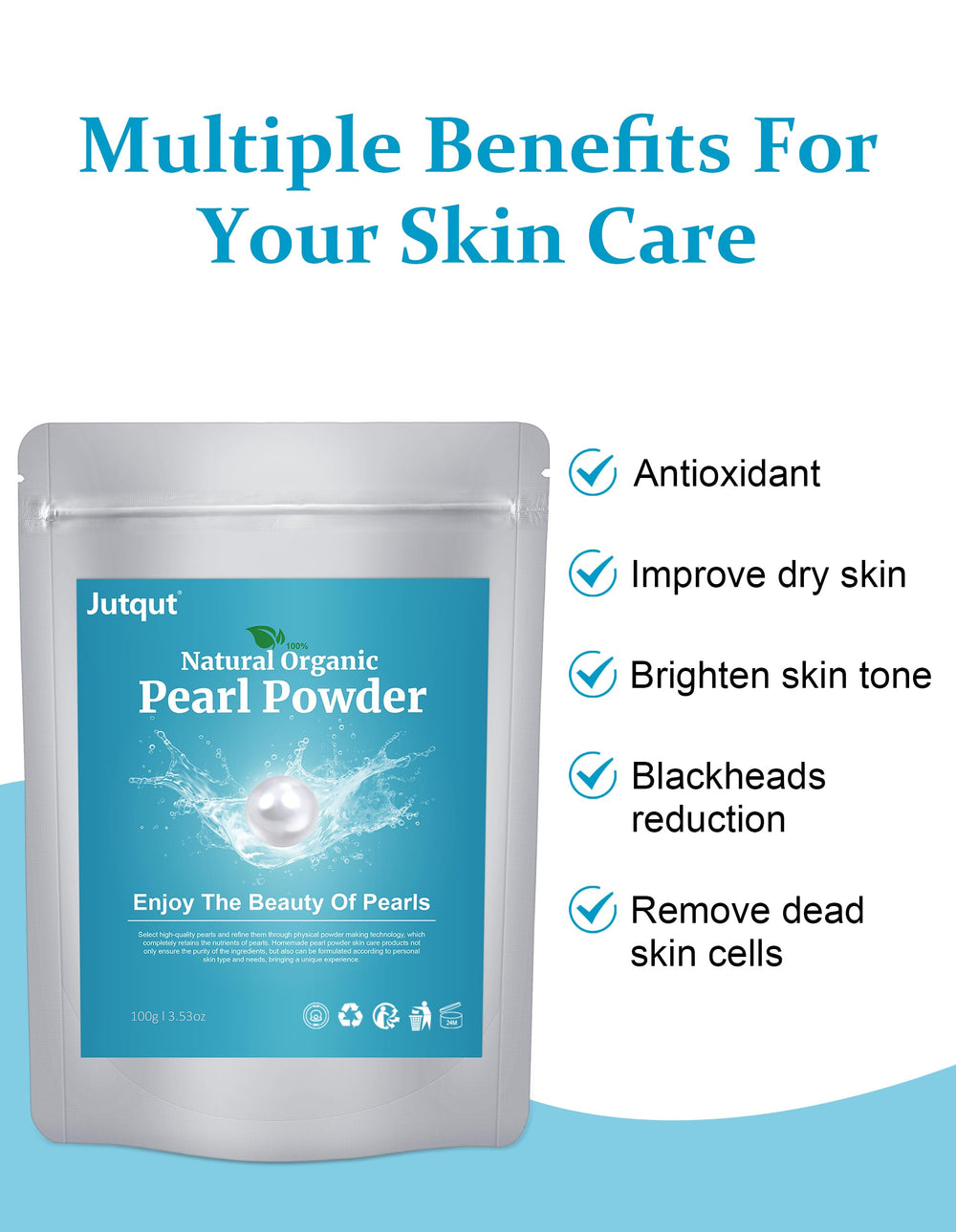 Jutqut Pearl Powder texture close-up highlights cosmetic-grade grains for gentle exfoliation.