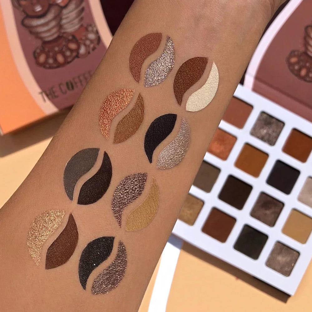 Juvia's Place Coffee Shop palette case closeup highlighting buttery texture.