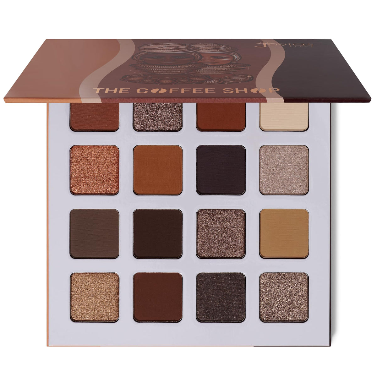 Juvia's Place Coffee Shop palette front cover with warm neutrals for versatile day looks.