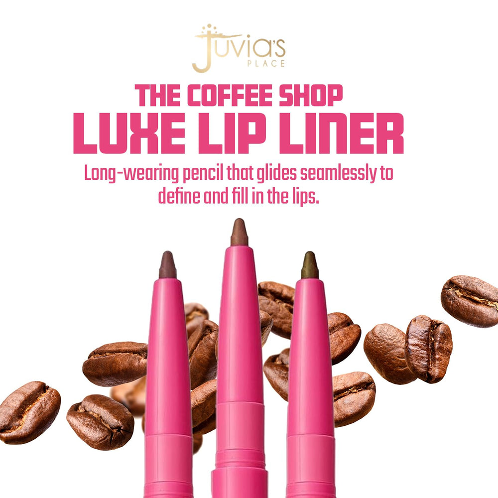 Juvia's Place Coffee Shop Luxe Lip Liner Espresso on lip demonstrates kiss-proof, smudge-resistant wear.