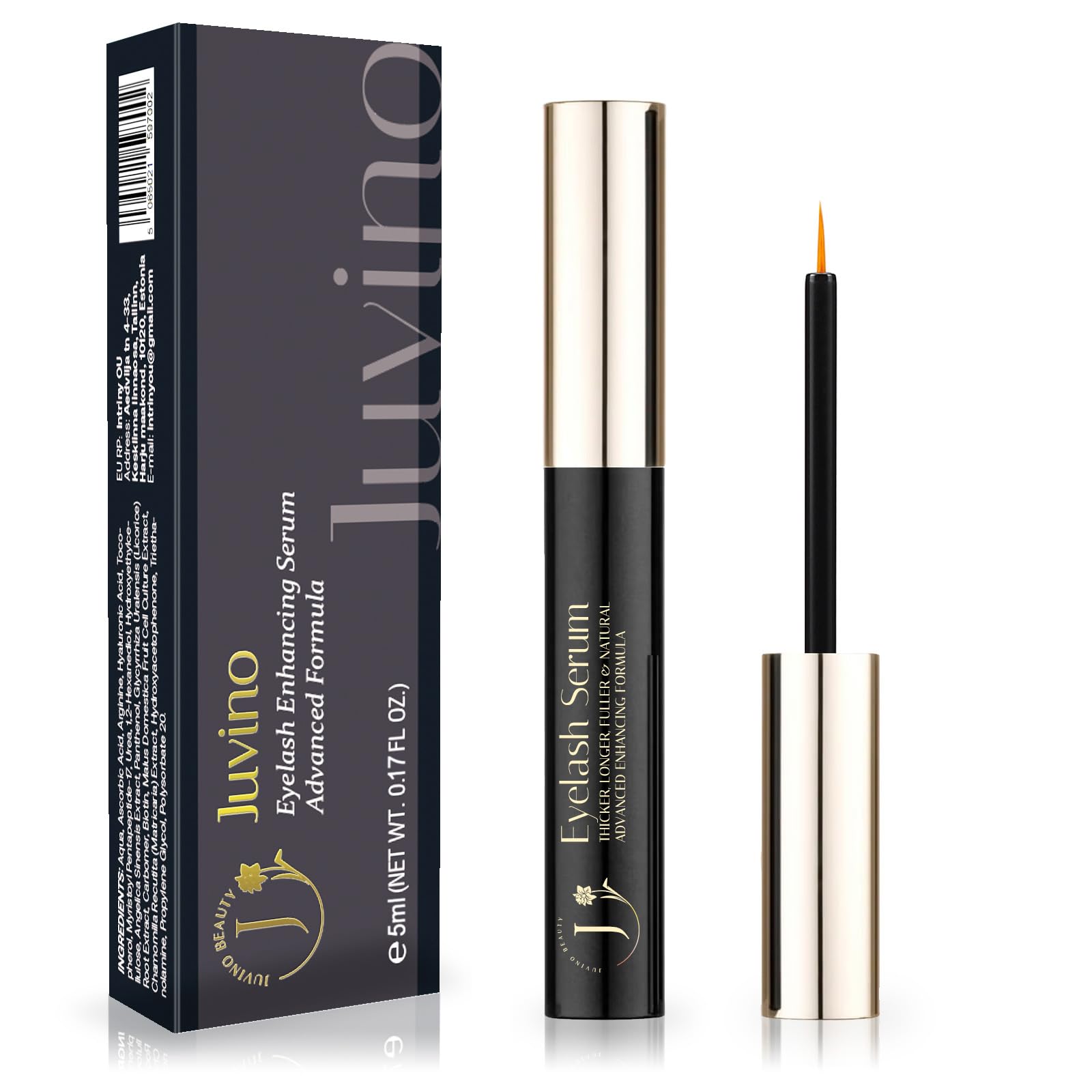 Juvino eyelash serum bottle—premium formula for longer, thicker lashes without fragrance.
