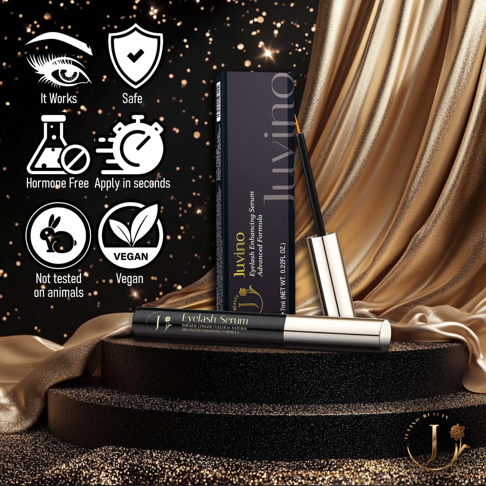 Juvino fragrance-free packaging—refined, vegan lash care for sensitive skin.