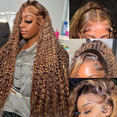 Juviso 30-inch honey blonde deep wave lace front wig for dramatic length and volume.