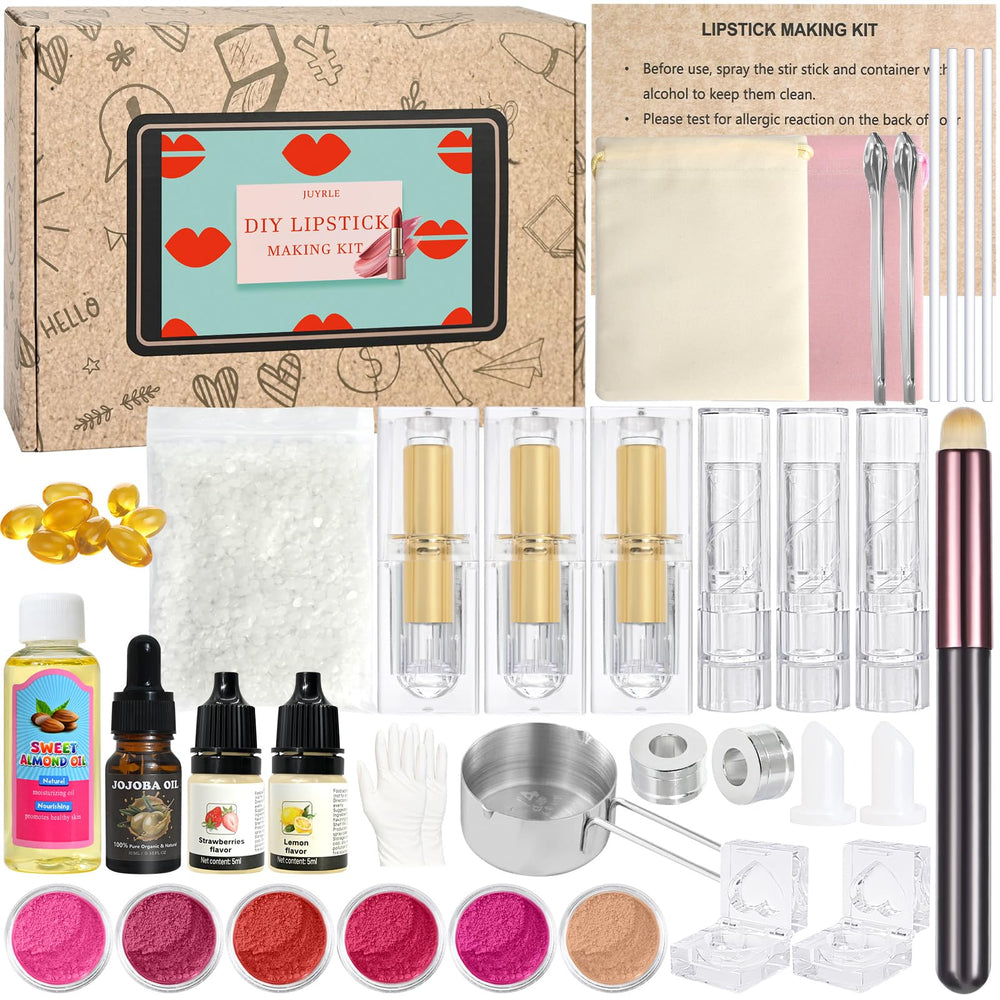 JUYRLE lipstick making kit box opened showing pigments and tools for DIY lip color ideas