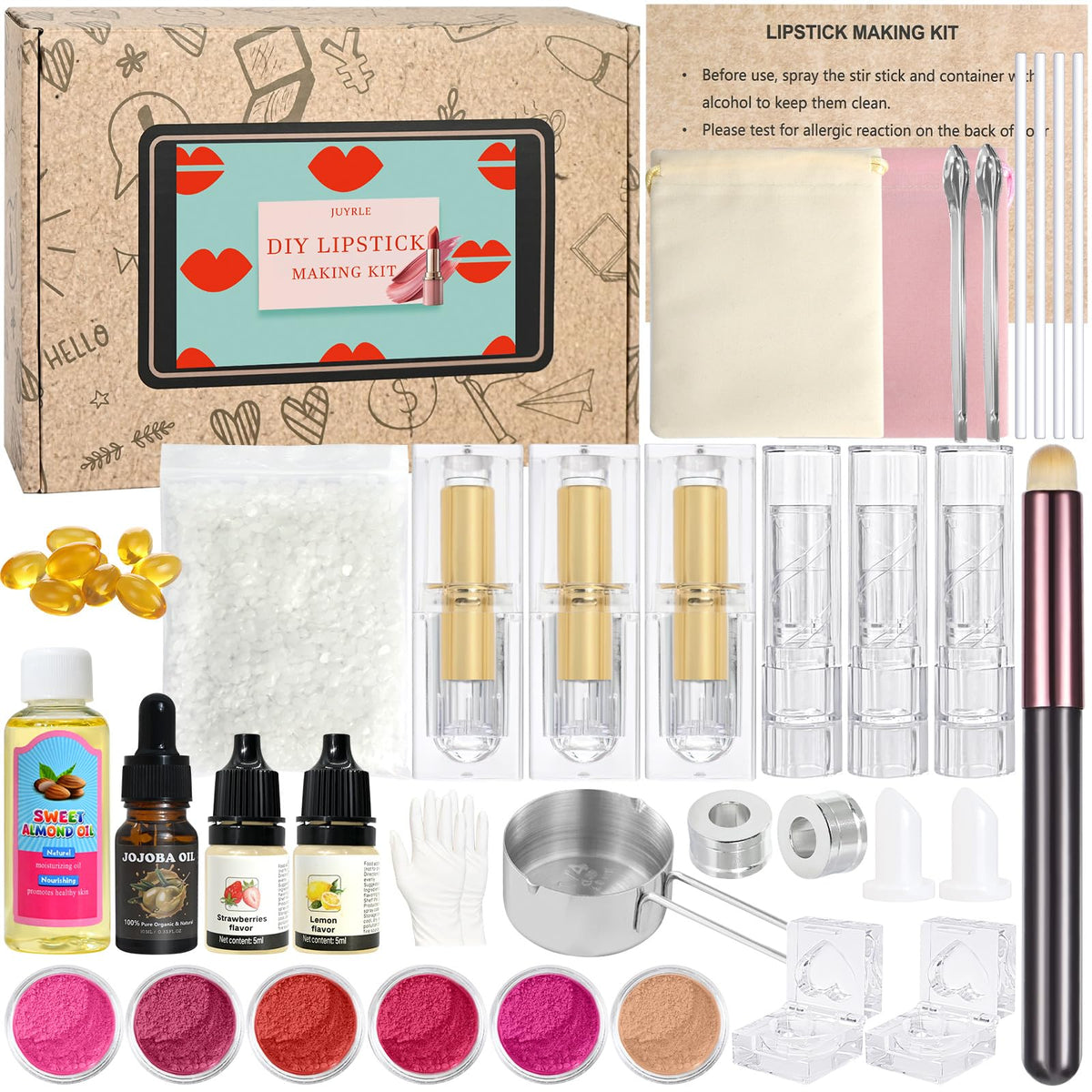 JUYRLE lipstick making kit box opened showing pigments and tools for DIY lip color ideas