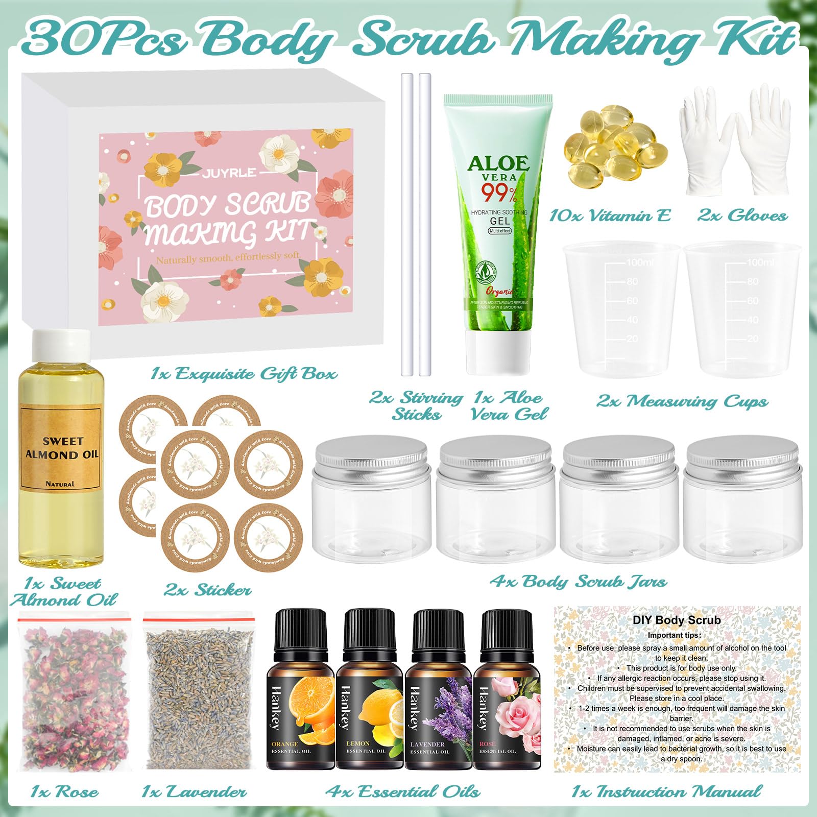 JUYRLE salt and almond oil ingredients show natural exfoliation and moisturizing potential.