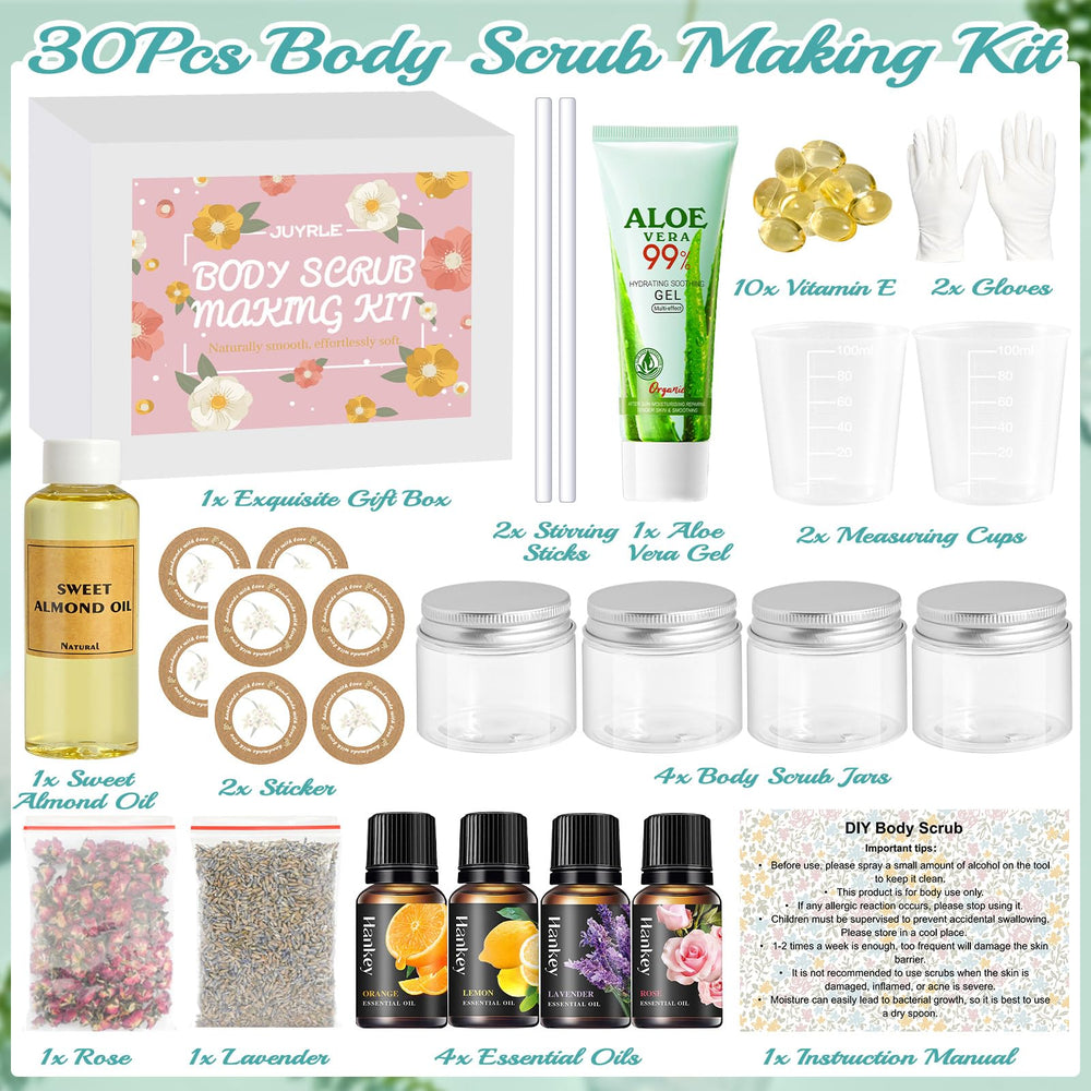 JUYRLE salt and almond oil ingredients show natural exfoliation and moisturizing potential.