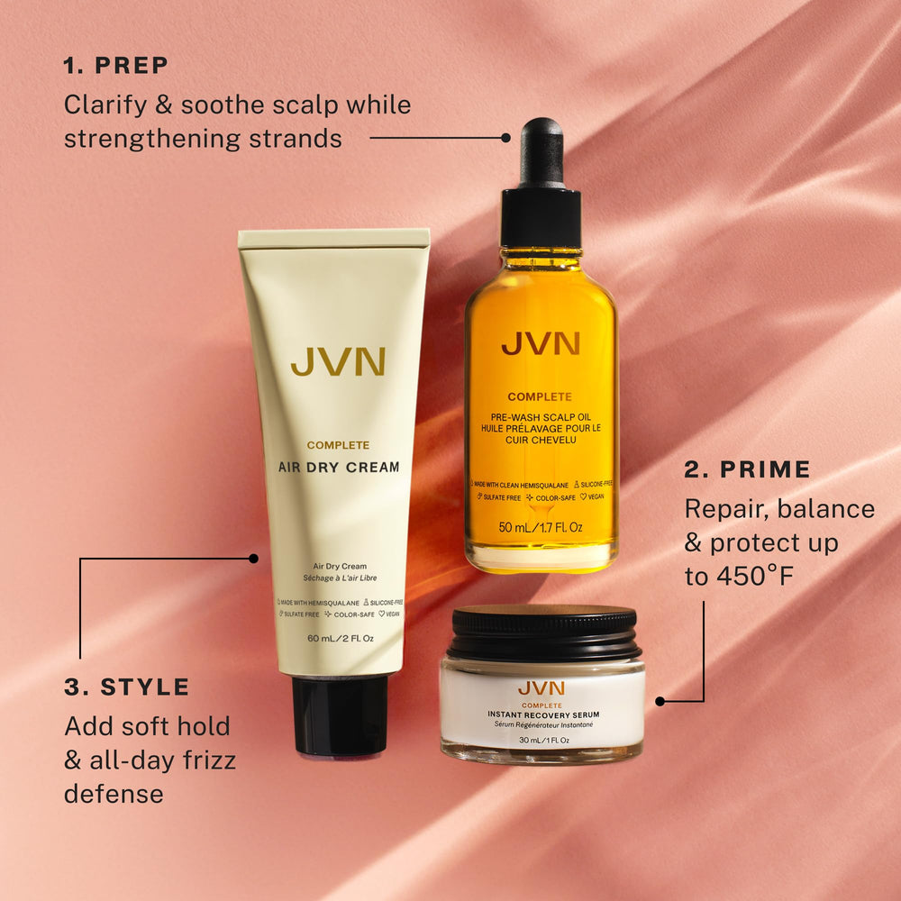 JVN Complete Air Dry Cream tube shot emphasizes no-heat styling and natural texture