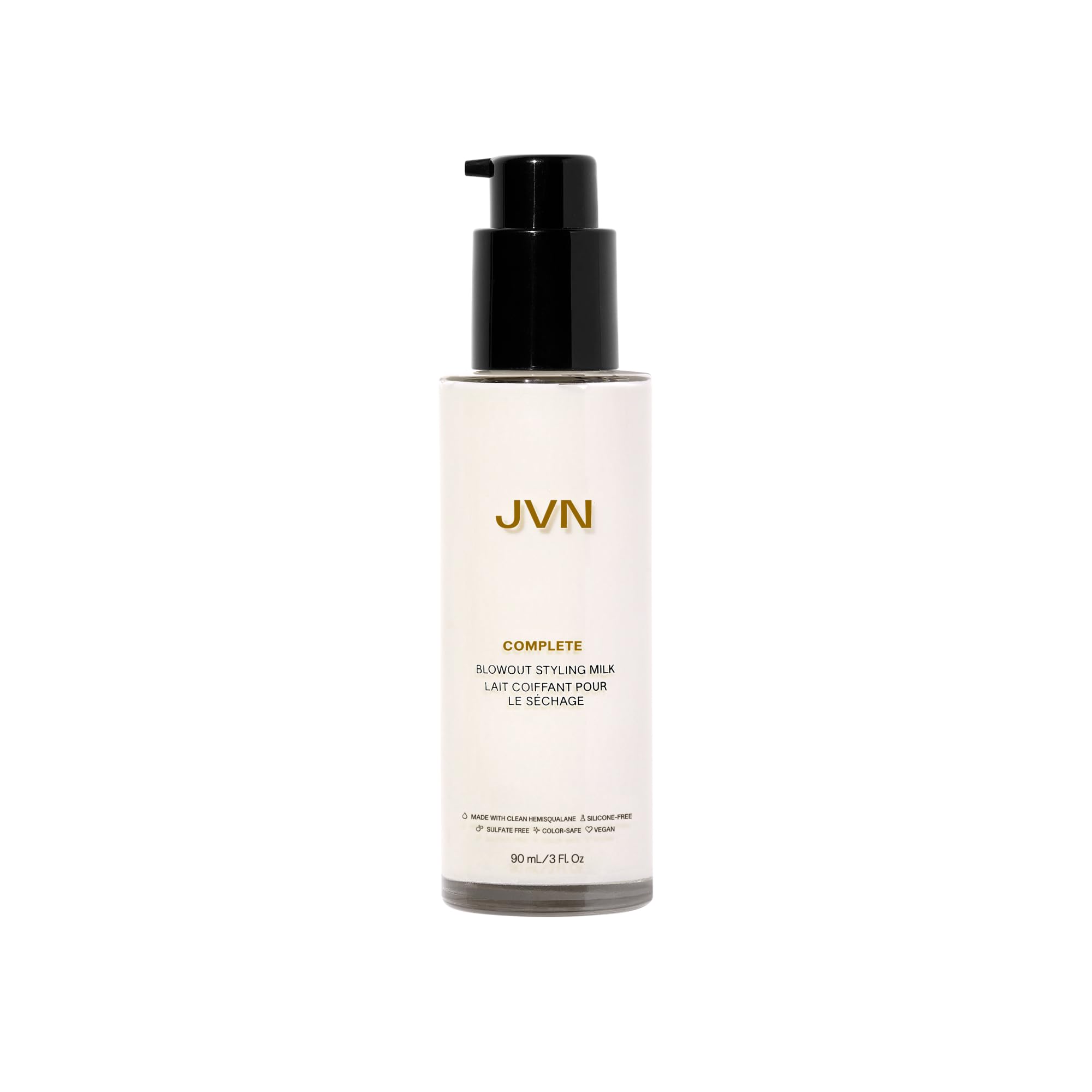 JVN Complete Blowout Milk bottle pump highlights creamy texture and frizz control.