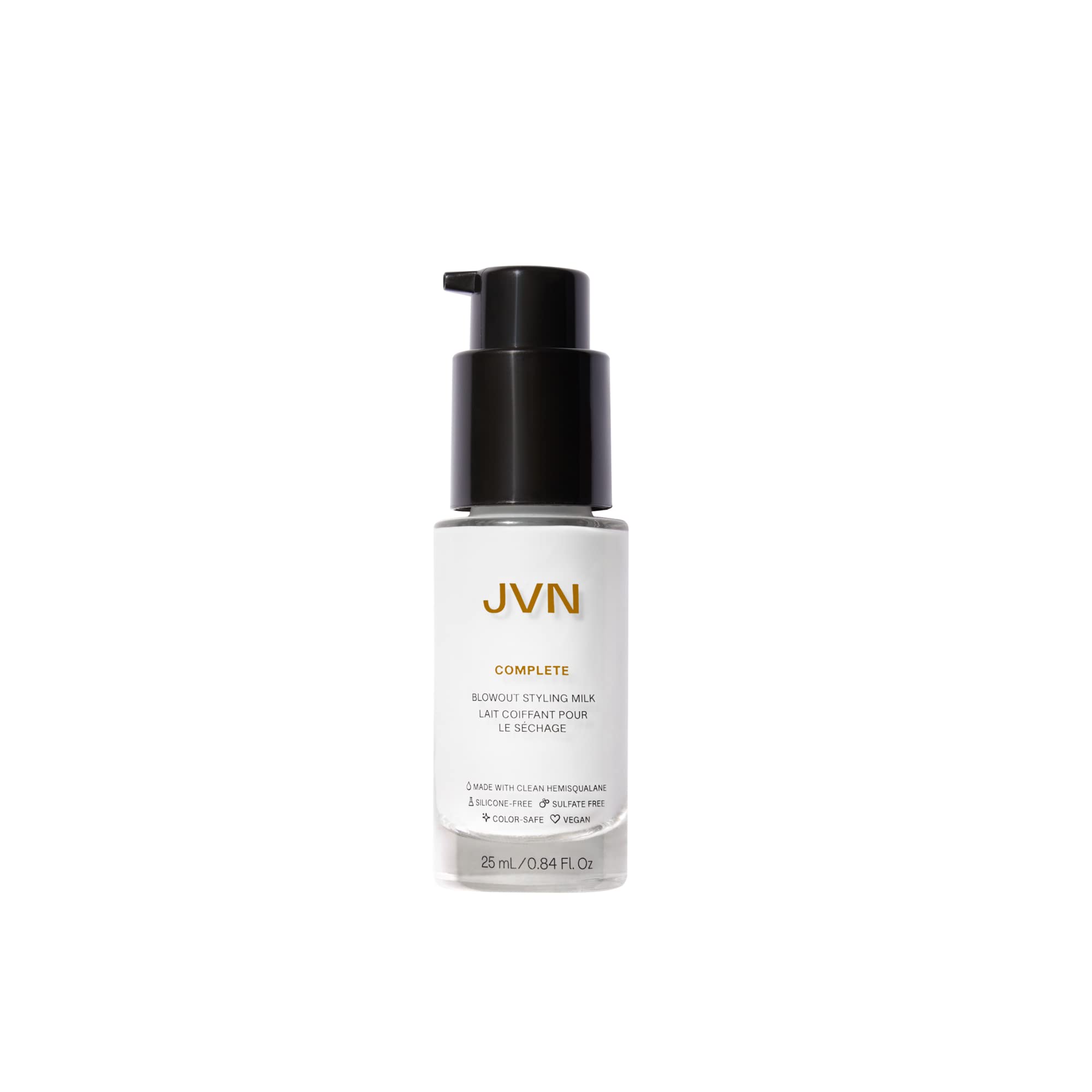 JVN Complete Blowout Styling Milk bottle front, travel-size silicone-free heat protectant for on-the-go styling.