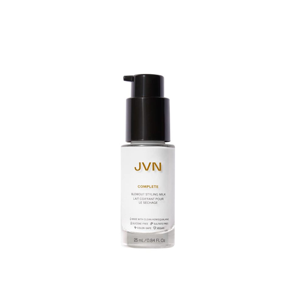 JVN Complete Blowout Styling Milk bottle front, travel-size silicone-free heat protectant for on-the-go styling.