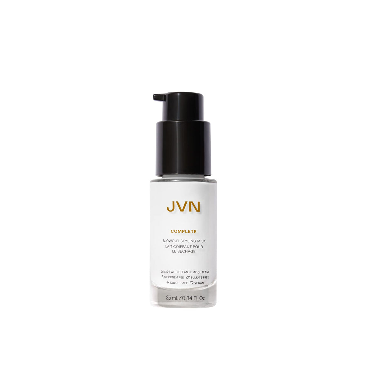 JVN Complete Blowout Styling Milk bottle front, travel-size silicone-free heat protectant for on-the-go styling.