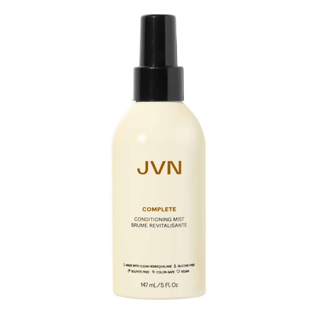 JVN Complete Leave-In Conditioning Mist bottle closeup highlighting lightweight hydration and frizz control.