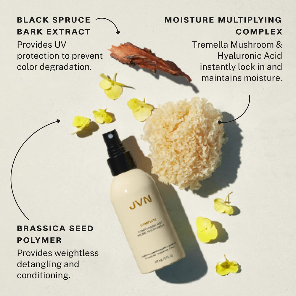 JVN Complete Leave-In Mist moisture complex with Tremella and hyaluronic acid for lasting moisture.