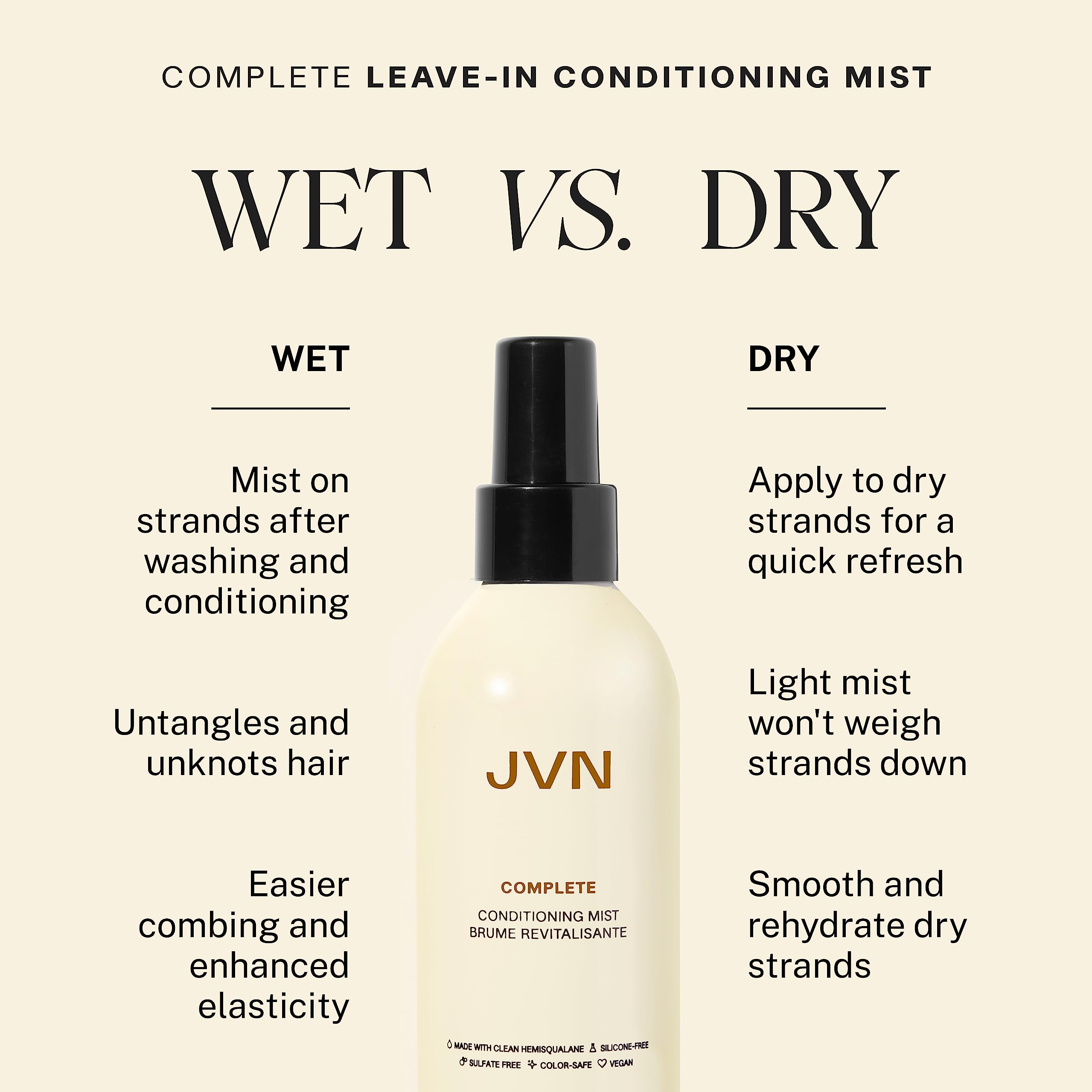 JVN Complete Leave-In Mist spray-dispense demonstrates a fine mist for even coverage.