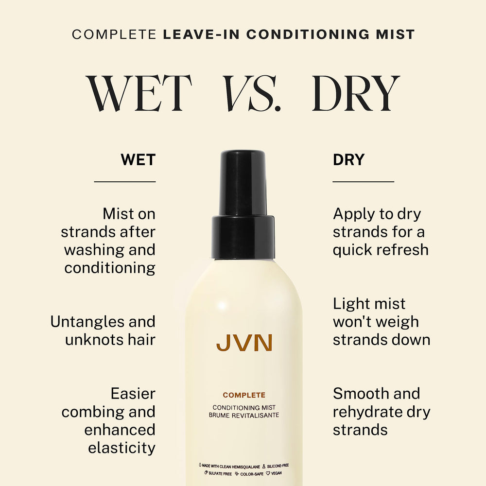 JVN Complete Leave-In Mist on wet hair demonstrates detangling and hydration during styling.