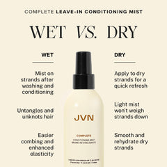 JVN Complete Leave-In Mist on wet hair demonstrates detangling and hydration during styling.