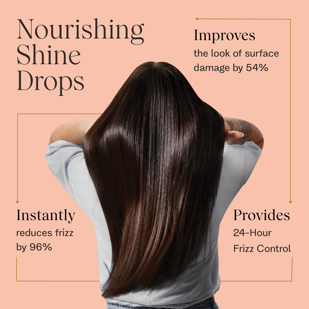 JVN Complete Nourishing Shine Drops dropper image shows precise application for smooth, frizz-free hair.