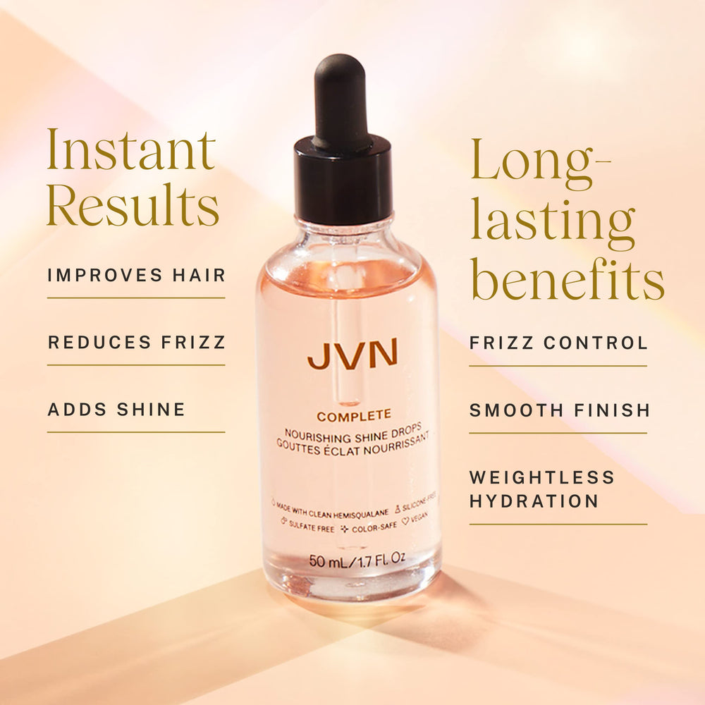 JVN Shine Drops on flyaways demonstrates frizz control for sleek looks.