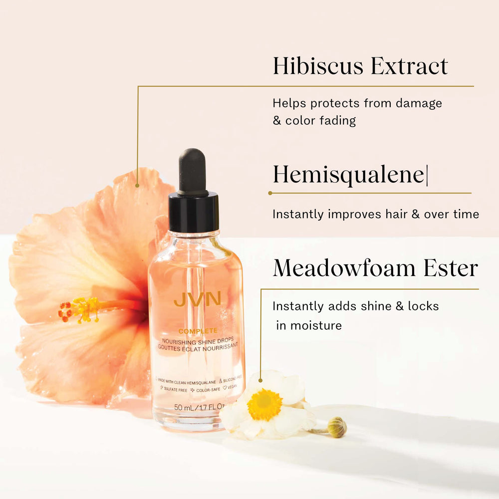 JVN Shine Drops feature hibiscus extract for antioxidant protection and shine.