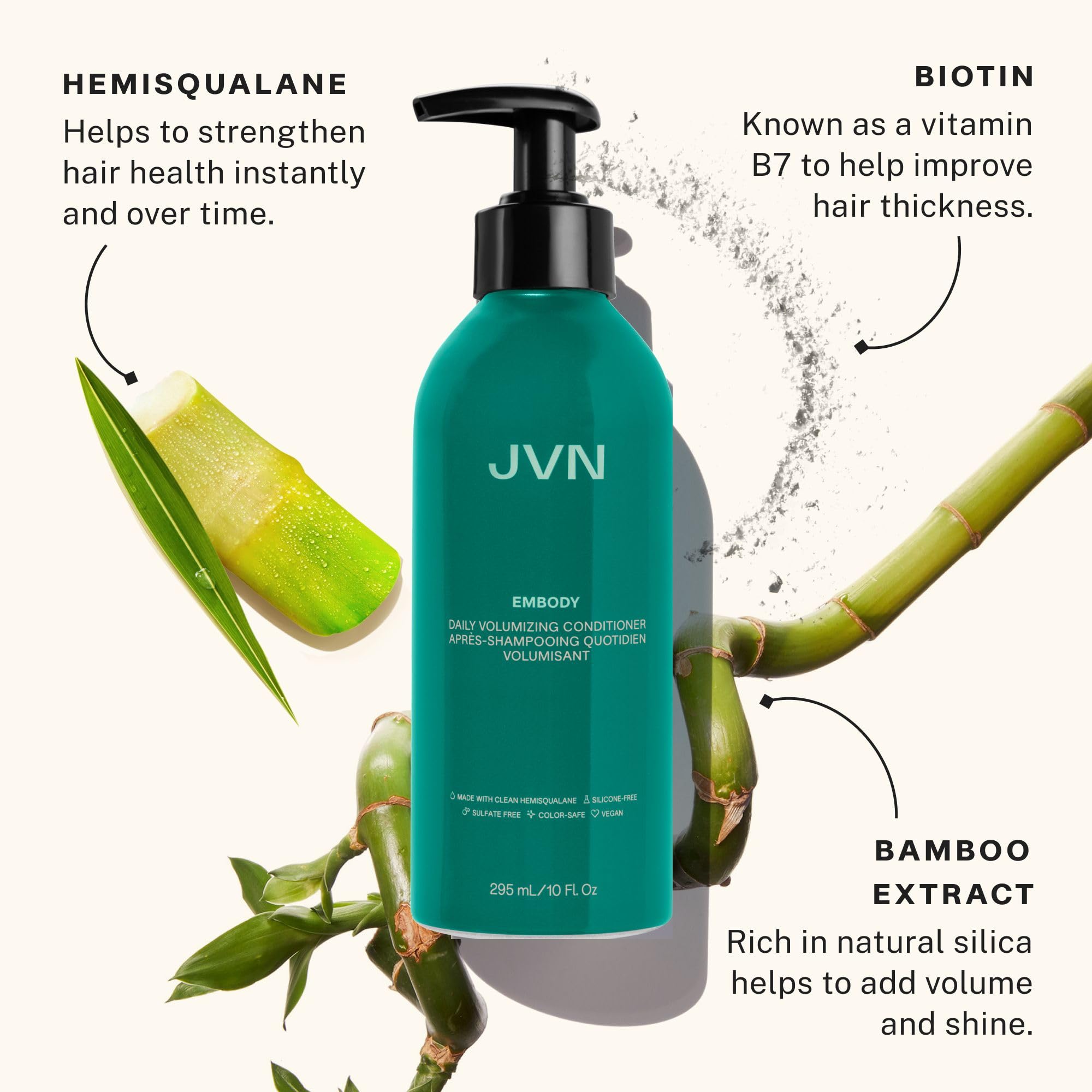JVN Embody conditioner hair after application shows shine and buoyancy