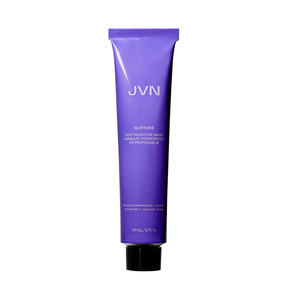 JVN Nurture Deep Moisture Mask bottle on vanity for hydration ritual.