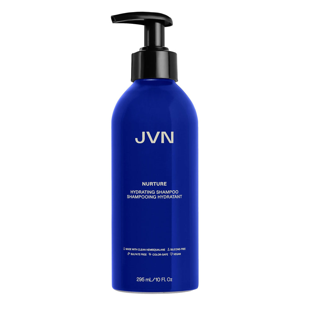 JVN Nurture Hydrating Shampoo bottle emphasizes detangling and shine.