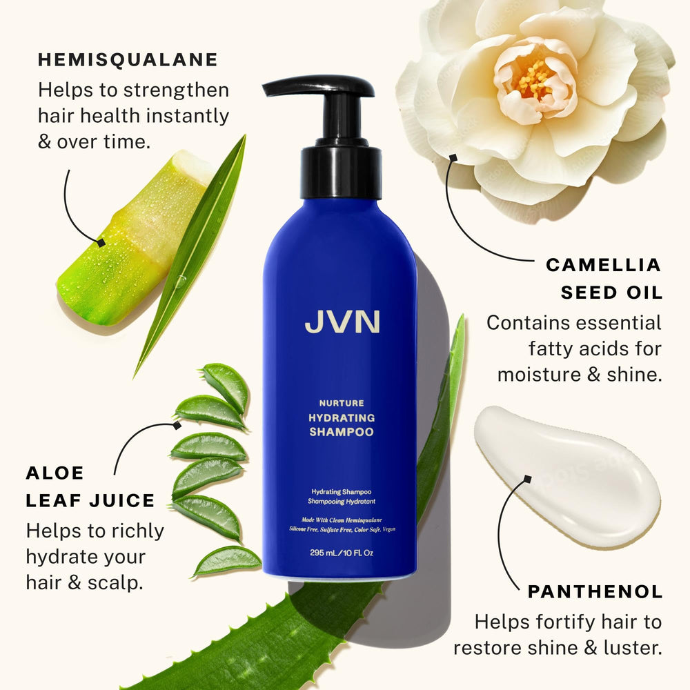 Close-up of JVN Nurture Hydrating Shampoo lather shows smoothing action.