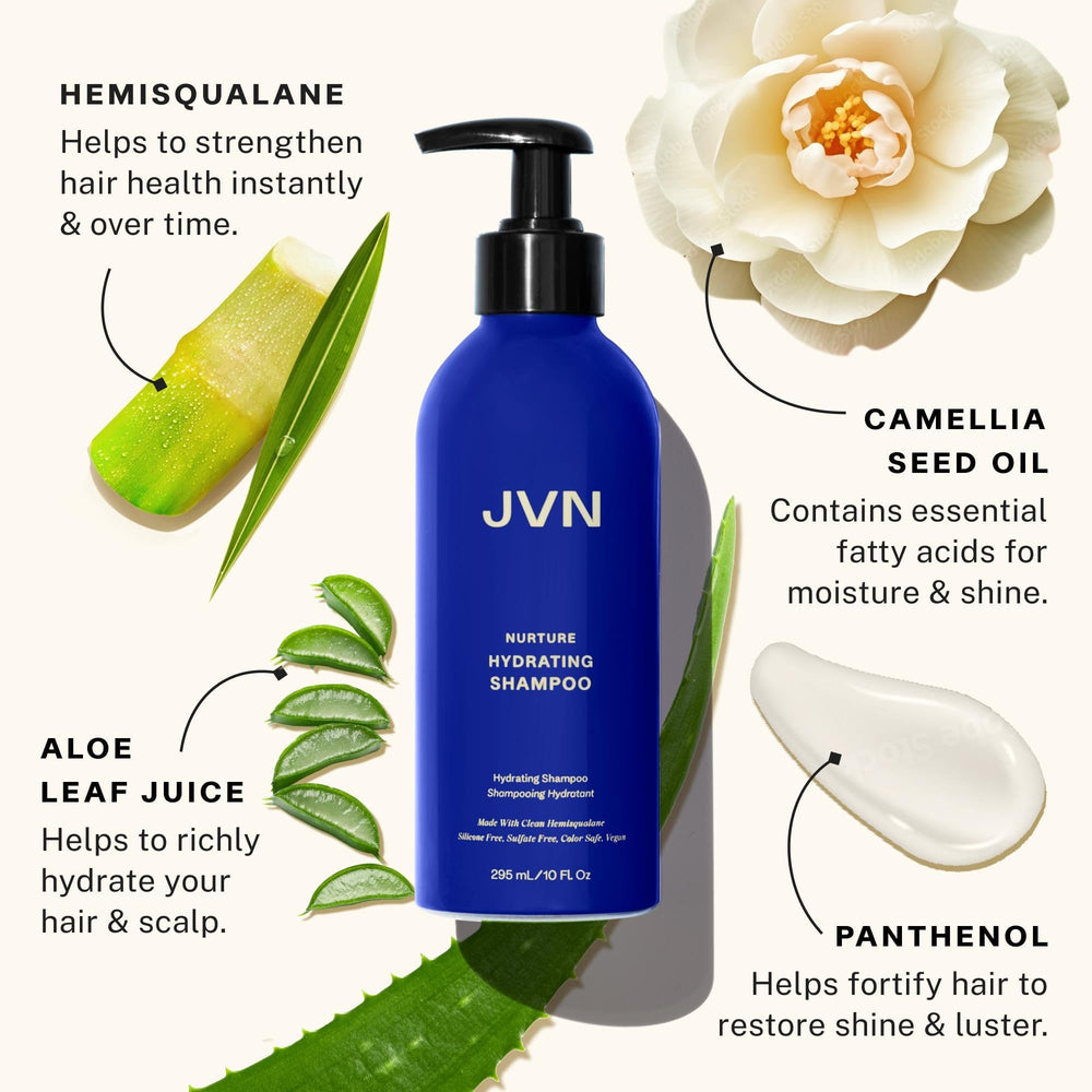 JVN Nurture shampoo lather demonstrates smooth detangling on wet hair.